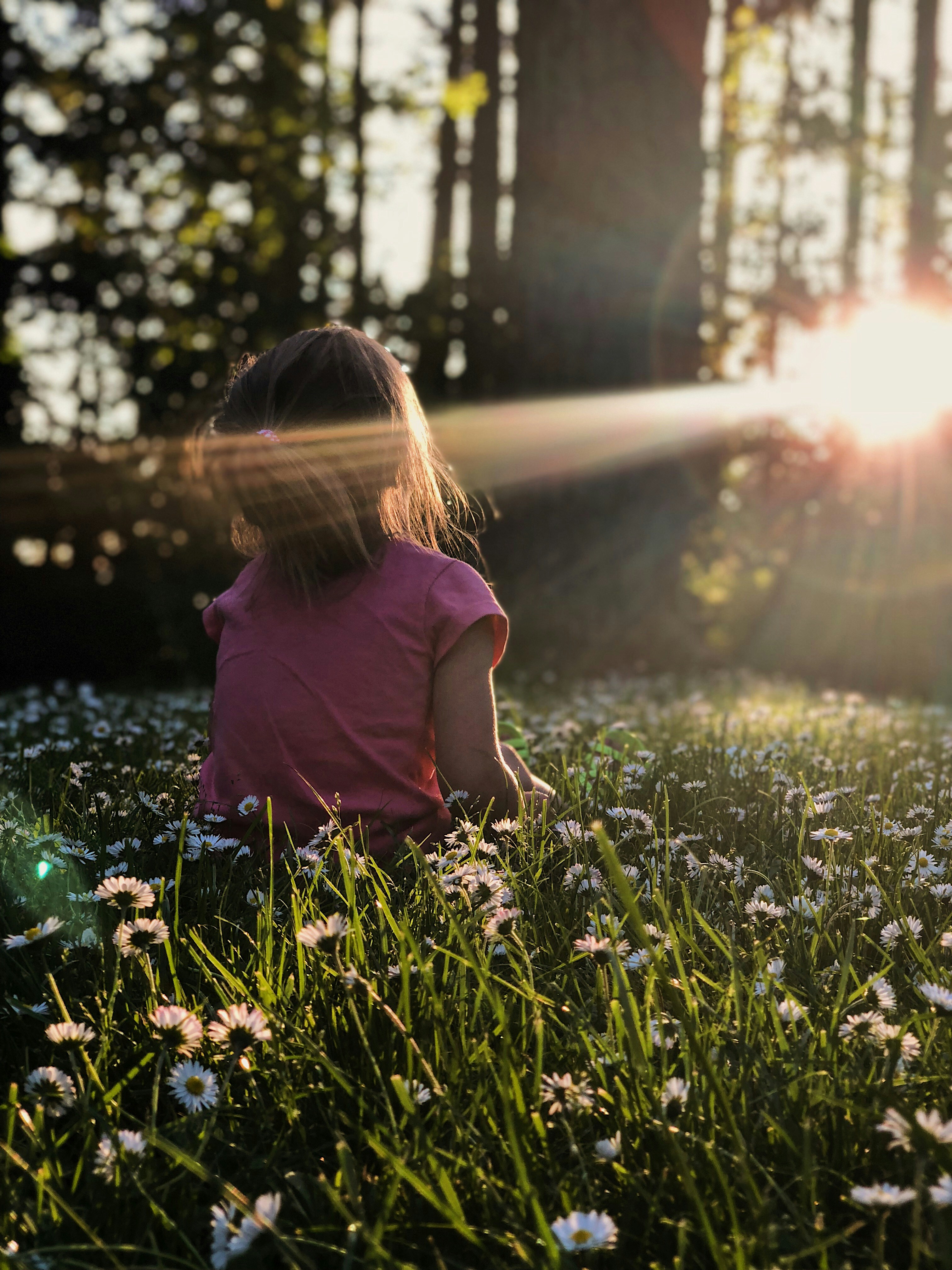 A child outdoors holding daisies